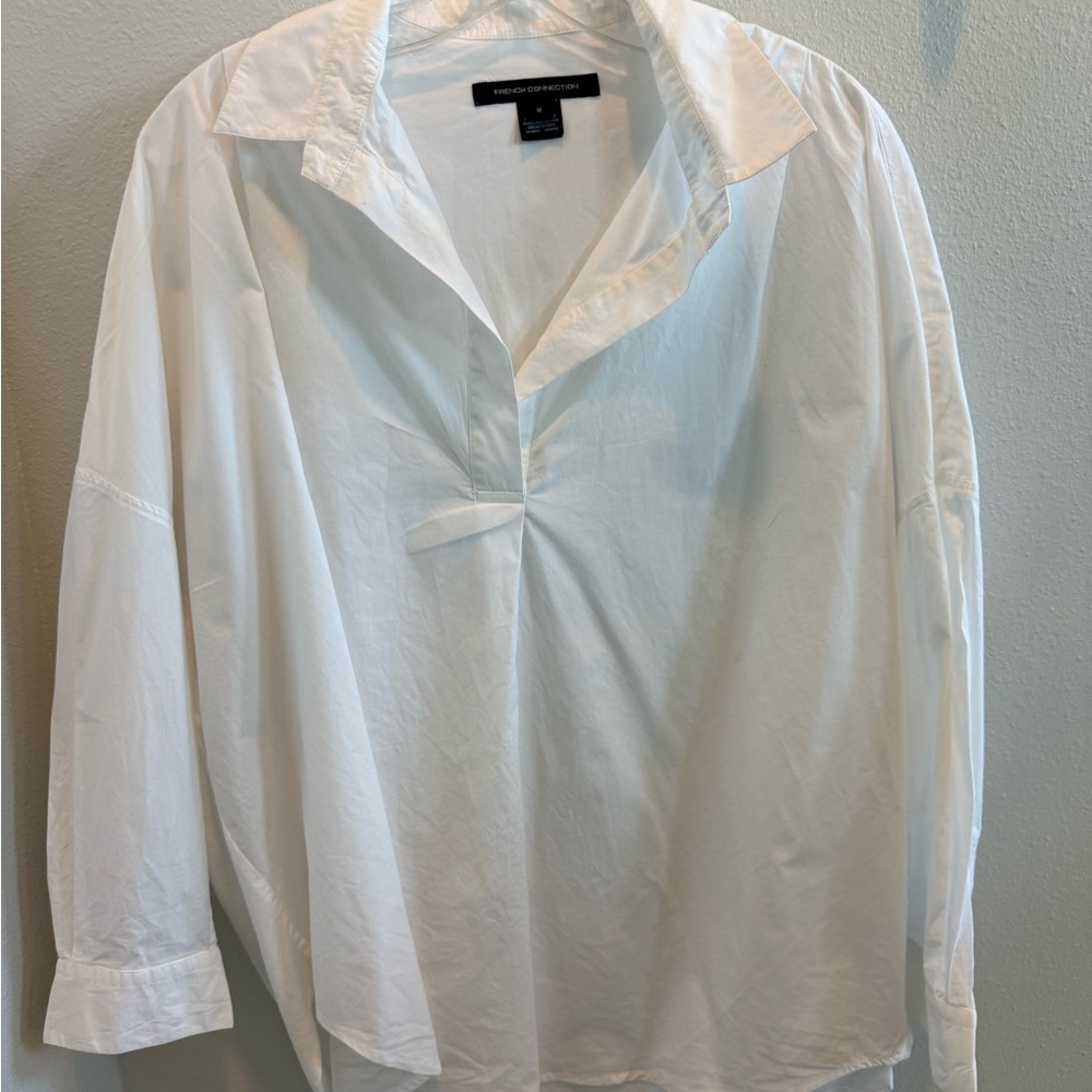 French Connection White V-Neck Relaxed Cotton Blouse